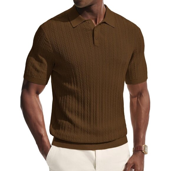 Men's Brown Short Sleeve Knit Casual Lightweight Textured Polo Stretch Shirts